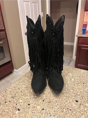 Elegant Black Fringe Heeled Boots Size 41 or Size 10 Women’s